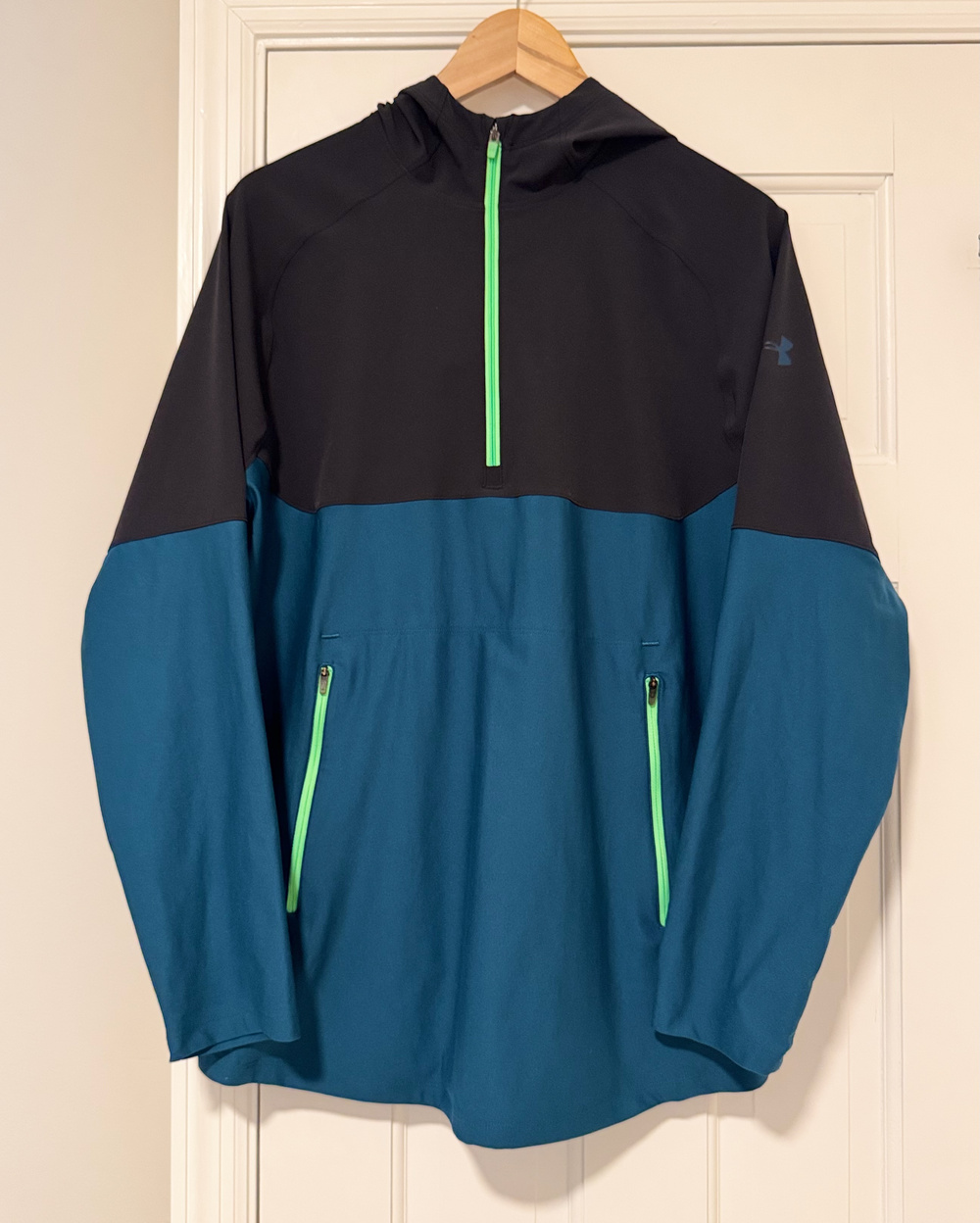 Under Armour Vanish Hooded Jacket Fitted Large 1/2 Zip Teal Black Windbreaker
